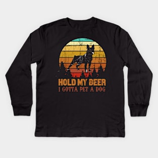 Holding My Beer I Gotta Pet This Boston Terrier Kids Long Sleeve T-Shirt